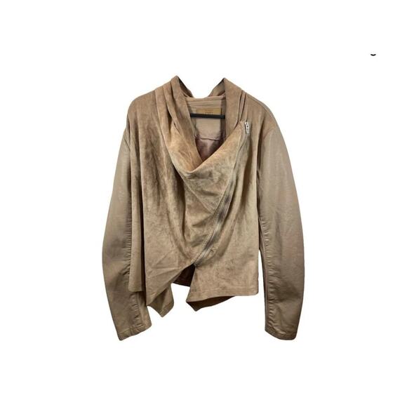 BLANK NYC Womens Size S Tan Drape Moto Front Faux Suede Asymmetrical Zip Jacket - Picture 2 of 7